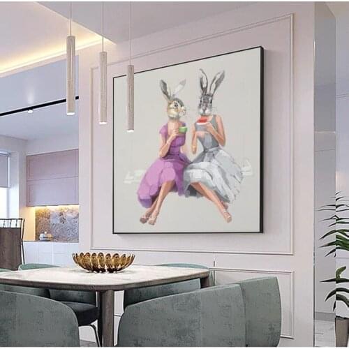 Free Shipping Modern Abstract 100% Hand-painted Animal Oil Painting Rabbits in afternoon tea Abstract Wall Art For Home Decor