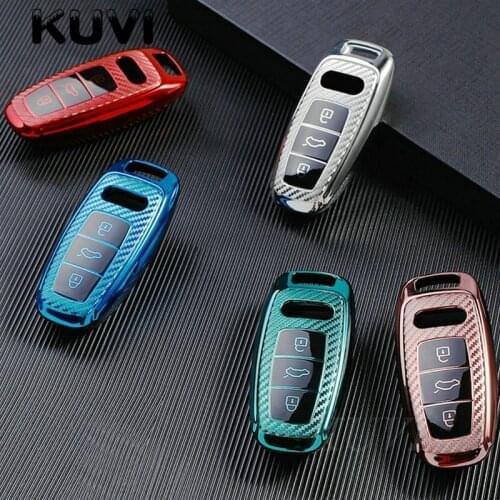 Carbon Grain TPU Car Remote Key Case Cover Fob For Audi A6L A7 A8 Q8 E-tron C8 D5 2019 2020 Car Key Cover Holder Shell Skin
