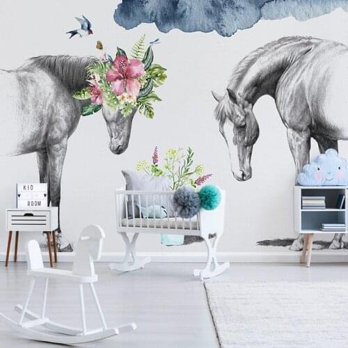 Photo Wallpaper 3D Creative Floral Black And White Couple Horse Animal Mural Living Room Bedroom Papel De Parede Art Wallpapers