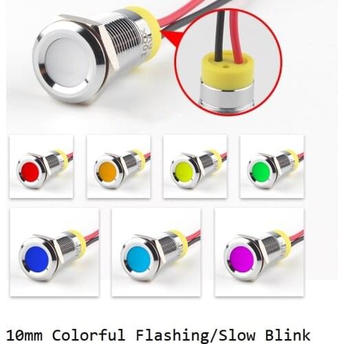 IP66 Waterproof Colorful Flashing LED Metal Warning Indicator Light 10mm Blink Pilot Signal Lamp 3V 6V 12V 24V 36V DC with Wire