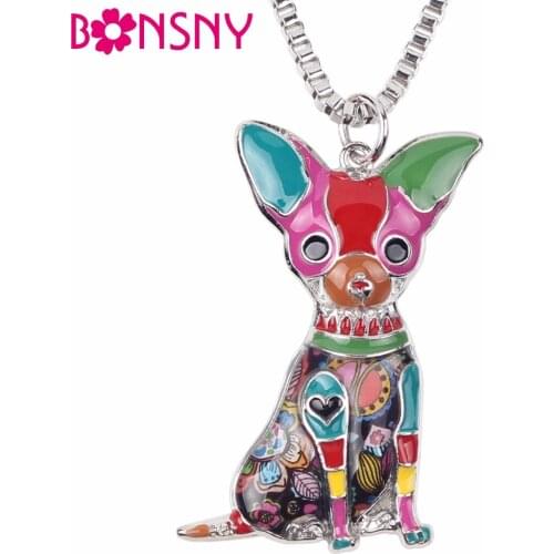 Bonsny Statement Metal Alloy Chihuahuas Dog Choker Necklace Chain Collar Pendant Fashion New Enamel Jewelry For Women Gifts