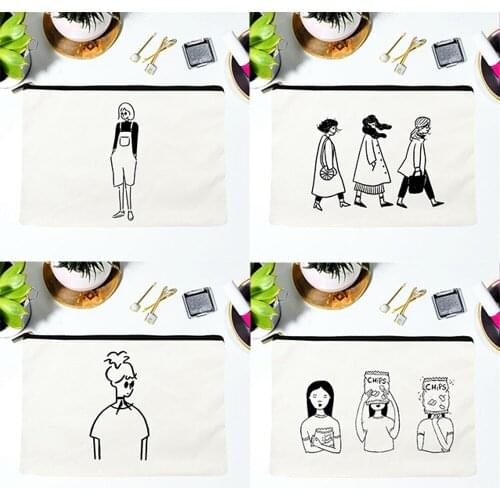 Girl Print Cosmetic Bag Fashion Casual White Makeup Pouch Women White Zipper Canvas bag Lipstick Cases Eco Travel Portable Pouch
