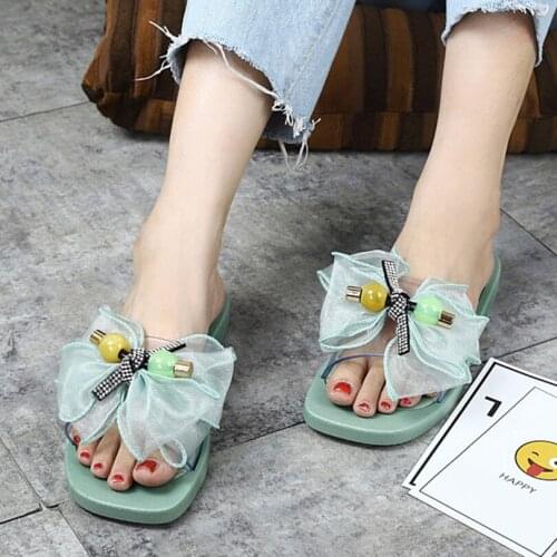Butterfly-knot Crystal Summer Solid Womens Beach Slippers Flat Non-slip Indoor Ladies Slides Casual Low (1cm-3cm)Womans Sandals