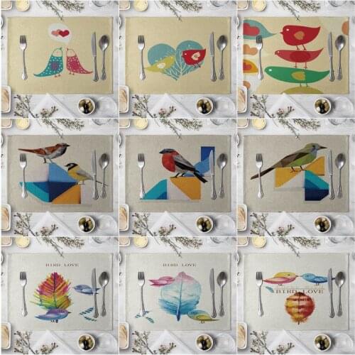 Fashion Print Rectangle Cotton Linen Western Style Table Pad Cut Mats Placemat for Dinner Kitchen Table 40x30cm Cartoon Bird
