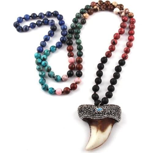 MOODPC Fashion Bohemian Tribal Jewelry 108 Bead Multi Stones Long Knotted Handmade Paved Bull Head Pendant Necklace For Women