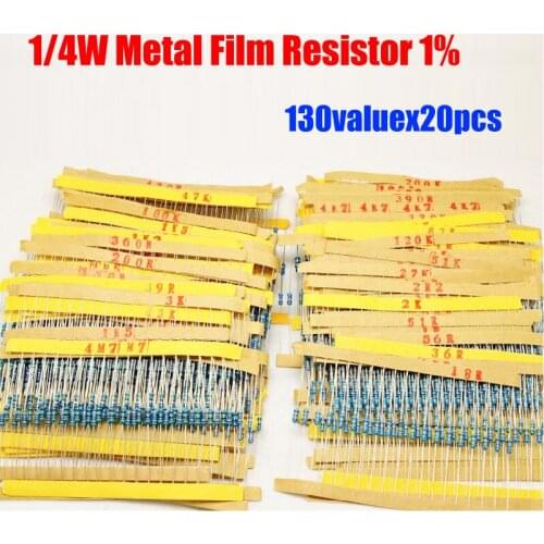 0.25W Metal Film 130valuesX20pcs=2600pcs 1/4W Resistor Kit 1R~3M Resistor Pack