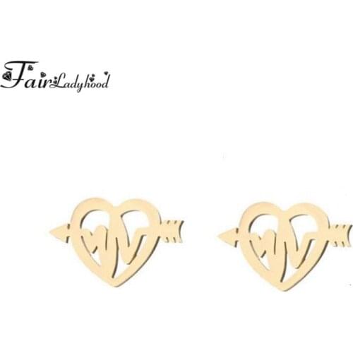 Fairladyhood 2018 New Fashion Cute ECG Heart Cute Arrow Cross Heart Earrings Stainless Steel Jewelry Gold Earrings