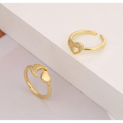 2021 New Heart and Moon Ring Trend Retro Open Tail Ring with Real Gold Plated Zircon Inlaid Lover Rings for Women Jewelry
