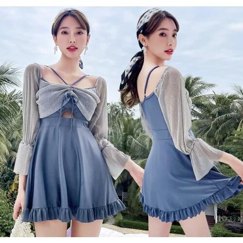 2021 New Korean Solid Women Long Sleeve One-piece Swimsuit Women Sexy Up Monokini Swimwear Beach Bathing Suits Swimskirt
