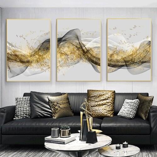 Floating ribbon golden mountain abstract mural art canvas painting poster for family living room wall decoration poster