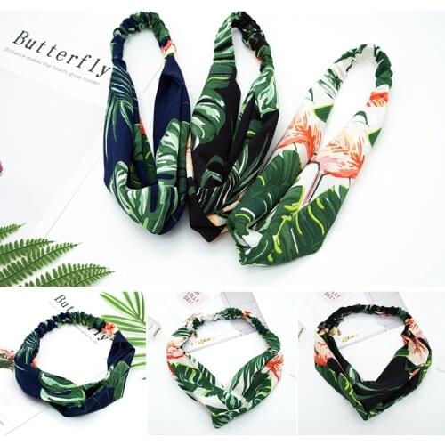 Fashion Women Girls Tropical Leaf Hair Bands Printed Headbands Vintage Cross Turban Bandage Bandanas HeadBands Hair Accessories