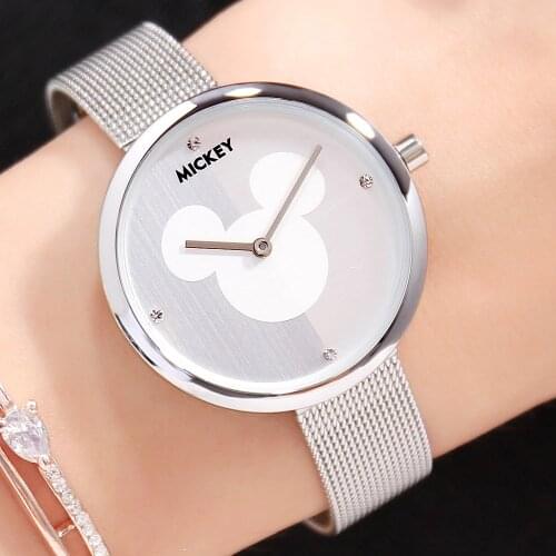 Disney Luxury Women Quartz Steel Mesh Band Gold Bracelet Simple Fashion Mickey Leather Watches Pretty Girl Rhinestone Wristwatch