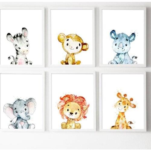 Nordic Childrens Room Murals Cartoon Animal Decorative Canvas Painting Creative Elephant Lion Giraffe Picture Wall Art Canvas