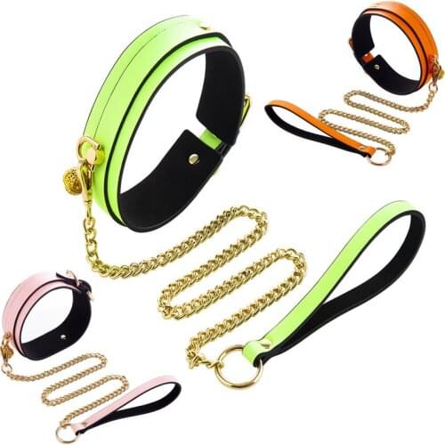 SM Puppy Collar Fluorescent Neck sleeve Bondage Belt With Chains Can Lockable Slave Cosplay Restraints Adult Neck harness Toys