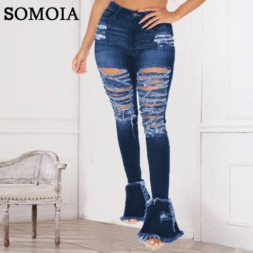 Plus Size Women Clothing Streetwear Denim Bottoms Sexy Holed Washed Flared Pants Jeans Cowboy Tights Trousers Wholesale Items