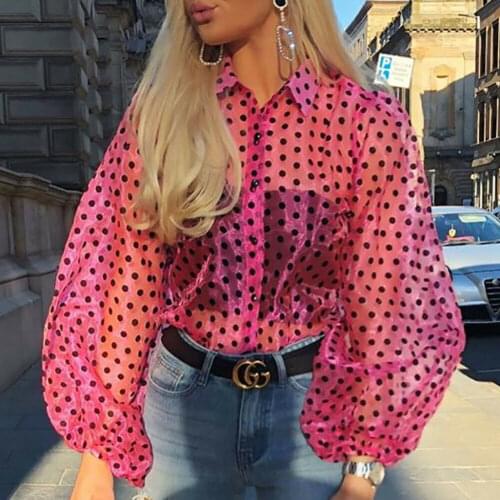 Women Mesh Sheer Blouse See-through Lantern Long Sleeve Blouse Fashion Pearl Button Transparent White Shirt Female Blusas