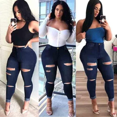 Women Solid Color Plus Size Ripped Jeans Ladys Streetwear High Waist Bodycon Hollow Out Pencil Denim Pants 2020 Autumn Newest