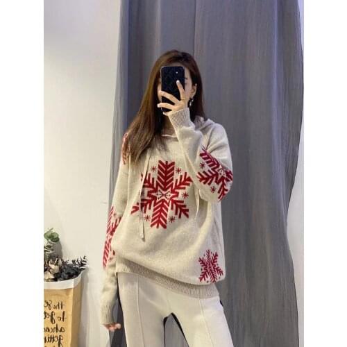 Top Quality Snowflake Pattern Wool Sweater Women Hooded Pullover 2021 New Spring Runway Design Retro Knitted Jumper