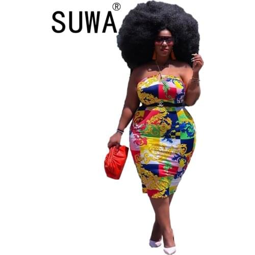 Women Strapless Sheath Print Dress Streetwear Women Fashion Sexy Midi Dress Ladies Vestidos