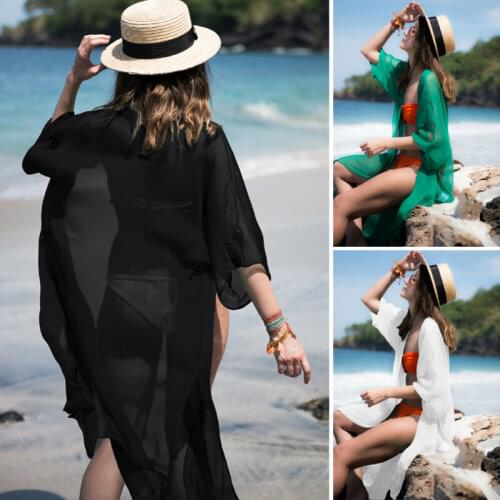 NEW Beach Dress 2020 Summer Pure Color Long Sleeve Women Bikini Cover Up Beach Long Dress Kaftan Beachwear Swimwear