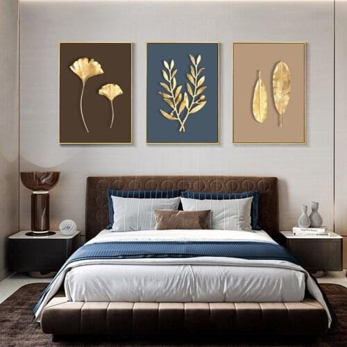 Gold Plant Luxury Picture Home Decor Wall Art Canvas Painting Abstract Fresh Leaves Posters and Prints Art Decor for Living Room