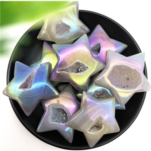 1PC Naural Electroplated Aura Agate Star Carved Crystal Geode Quartz Figurine Healing Crystals Gift Natural Stones and Minerals