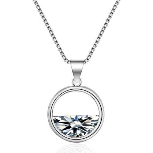 100% 925 sterling silver fashion round design shiny crystal ladies`pendant necklaces jewelry women box chain drop shipping gift
