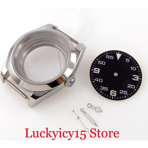 39mm Polished Automatic Watch Case Hand Dial fit NH35A MIYOTA 82 Seeing Backcover Luminous Hand Screwdown Crown Sapphrie Crystal