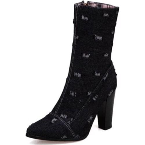 BLXQPYT Plus Big & Small Size 23-50 Denim Boot Short Pointed Toe Women Autumn Winter High Heels 9.5cm Wedding Shoes Woman T617