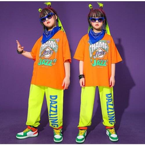 Kids Concert Hip Hop dancing Outfits Street wear Orange Tshirt Pants For Singers Girls Boys Show Jazz Dancing Costumes Clothing