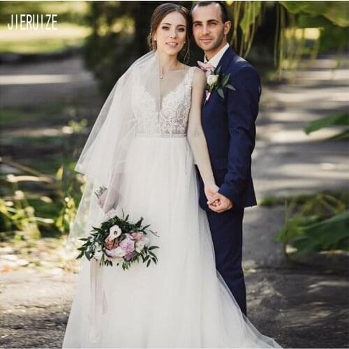 JIERUIZ Elegant Sleeveless Wedding Dresses V Neck Backless Lace Appliques Bride Dresses Long Tulle Wedding Gowns robe de mariee