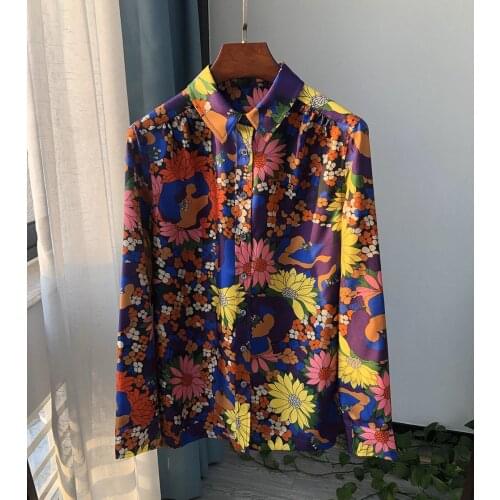 Elfstyle High-end Long Sleeve Lapel Flower Floral Printed Blouse Shirt Top