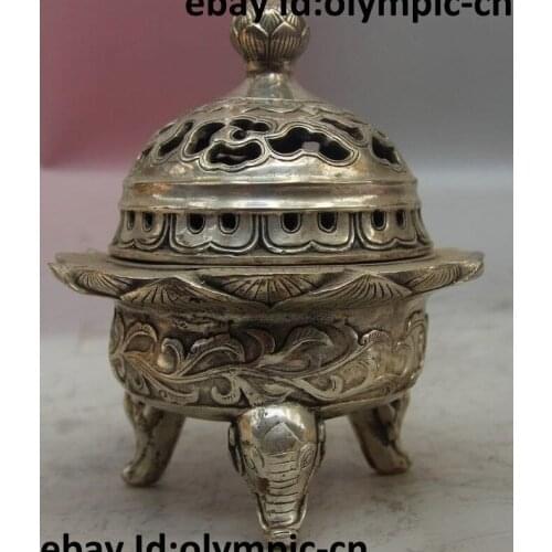 Chinese Buddhism Temple Tibet Silver Lotus Elephant Incense Burner Censer Statue