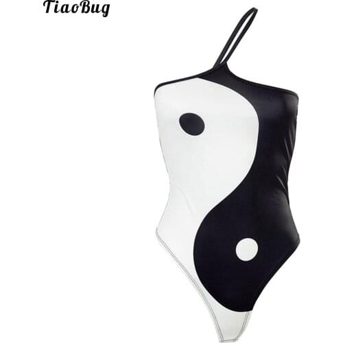 TiaoBug Summer Women Contrast Color Skinny Jumpsuit Swimsuit One Shoulder Spaghetti Strap High Cut Leotard Bodysuit Swimwear