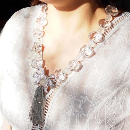 Lii Ji Real Stone Quartz Crystak Freefrom Labradorite Tassels Necklace Zircon Bowknot Pendant Necklace Women Jewelry 59cm/24