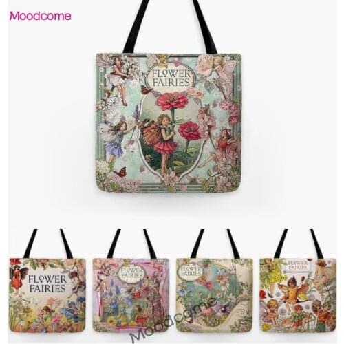 Lovely Cute Baby Girl Cartoon Flower Fairy Shopping School Tote Bag Water Resistant Cotton Linen Grocery Handbag Shoulder Bag