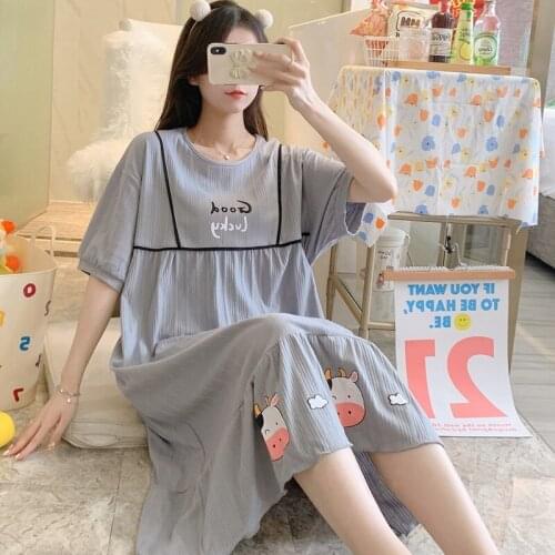 2021 New Summer Short Sleeve Cotton Nightgowns for Women Cute Cartoon Cow Long Dress Sleepwear Nightdress Night Gown Home Nighty