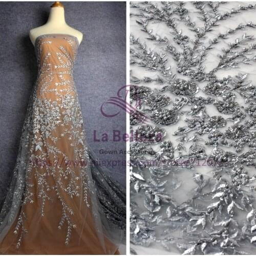 New Gray/Off white handmade beaded lace fabric evening /bride/bridal/party dress lace fabric by yard 47'' width FXSTR120