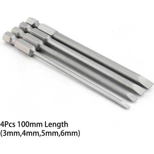 1/4\" Screwdrivers Bits 100mm 3mm-6mm 4* 4Pcs Flat Head Hex Magnetic S2 Alloy Steel