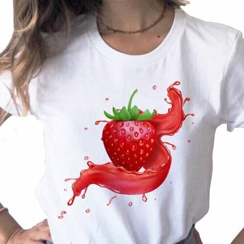 Strawberry Fruit Casual 90s Cartoon print ladies T-shirt casual basics O-collar white shirt short sleeve ladies Tshirt,Drop Ship