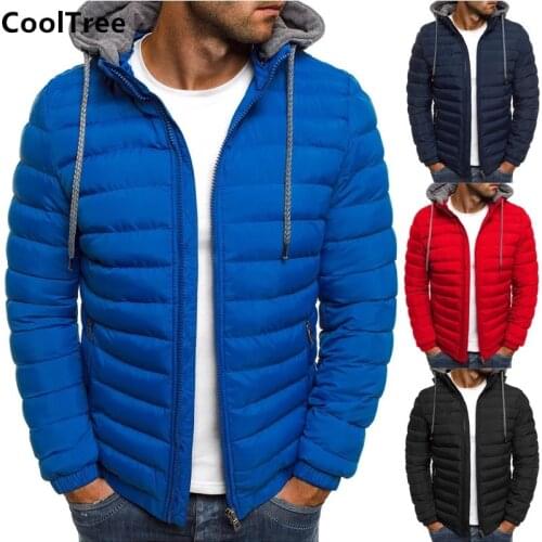 CoolTree Men Casual Jackets Autumn Winter Solid color Down cotton Warm Hooded Coats Male Slim Zip Cotton-padded Outerwear Parkas