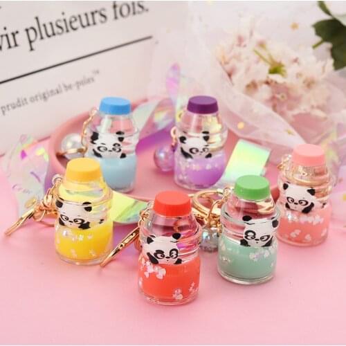 Cartoon Panda Doll Keyring Creative Simulation Yogurt Bottle Floating Key Ring Quicksand Backpack Keychain Gifts for Women Men
