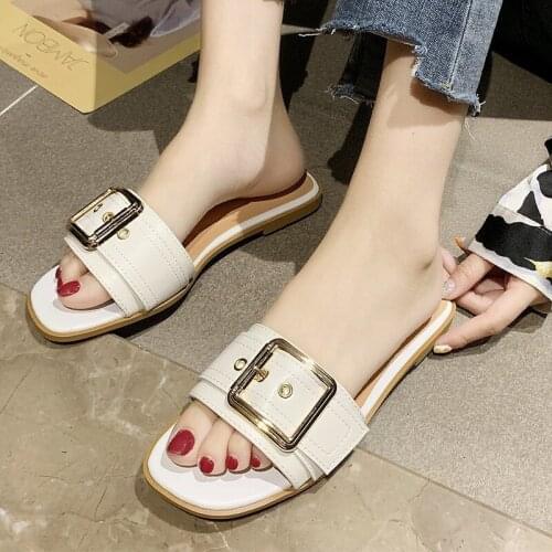 Women Slippers Personality Buckle Fashion Open Toe Wear-resistant Office White Flat Shoes Summer Sandy Beach Sandals Women Shoes