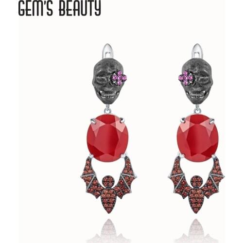 GEMS BEAUTY 925 Sterling Silver Earrings 2021 Trend Human Skeleton Bat Oval Natural Red Agate Handmade Earrings For Women