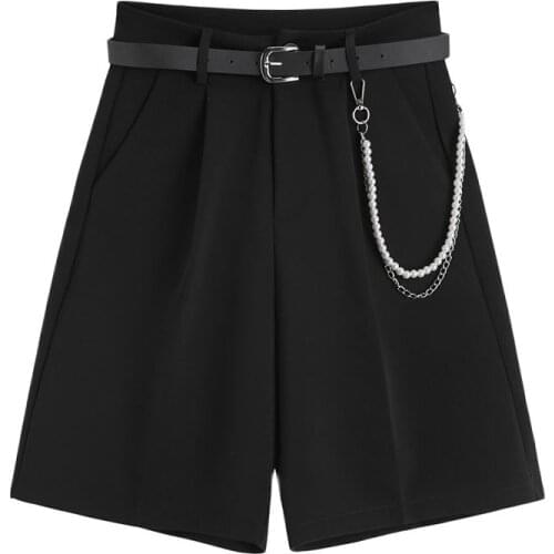 2021 Fashion Casual Knee Length Shorts With Belt Waist Chain Womens Shorts Spring Slim Wide Leg Suit Shorts Woman Clothes Black