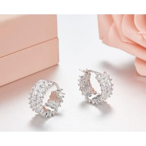 SOELLE Luxury 925 Sterling Silver Shiny Double Row Square Cubic Zirconia Stones Hoop Earrings for Women Fashion Party Jewelry
