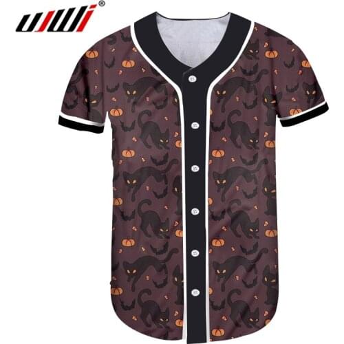 UJWI Man Black Yellow Stitching Tshirt 3D Printed Halloween Theme Cat And Pumpkin New Recommend Baseball Shirt