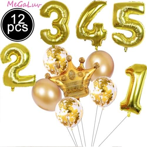 12pcs 0-9 Gold Glitter Latex Balloon Baby Shower Crown Gold Glittering Balloon Children Birthday Party Decoration