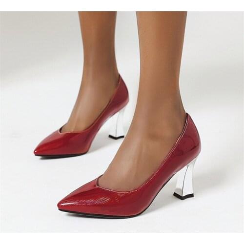 Concise Office Pumps Patent Leather Autumn Slip-on Spring Black red High Heels Ladies Dress Shoes Women zapatos de mujer
