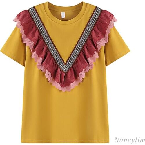 Lace Patchwork Ruffled Cotton Short Sleeve T-shirt for Women 2021 Summer Korean Style Loose Yellow Tees Lady Tops Ropa Mujer